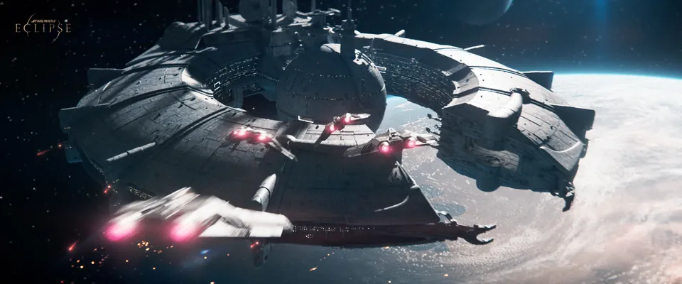 A large ring-shaped space station above a planet with ships flying past in Star Wars Eclipse