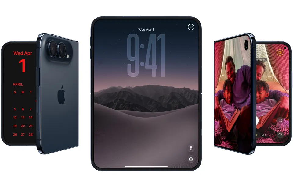 Three night sky iPhone Duo phones: one folded showing its cameras, one open with a lock screen and one half open