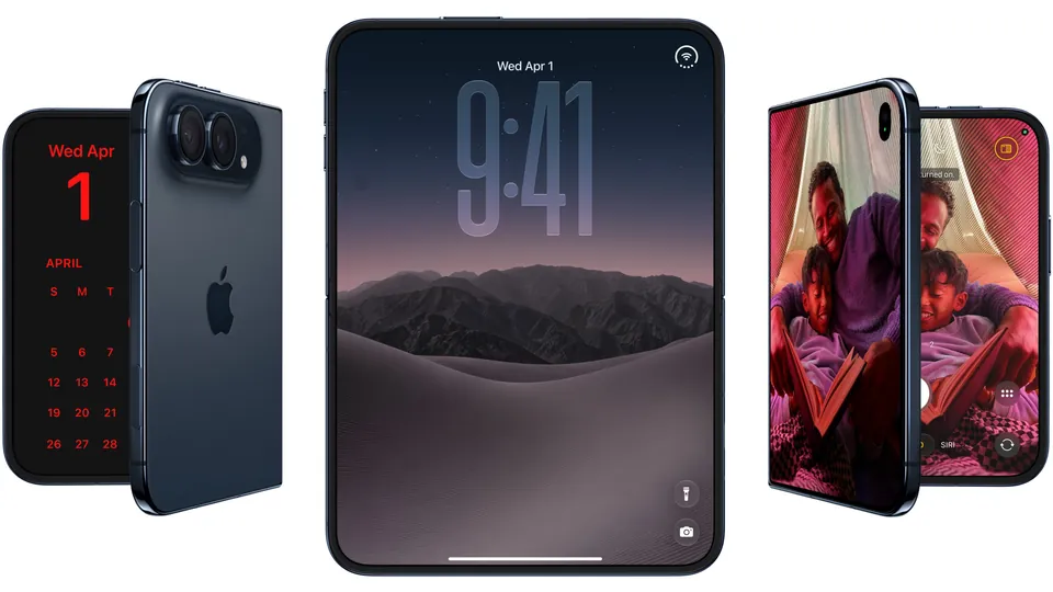 Three night sky iPhone Duo phones: one folded showing its cameras, one open with a lock screen and one half open