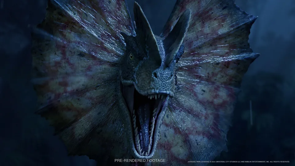 A Dilophosaurus spreads its frill in Jurassic Park: Survival
