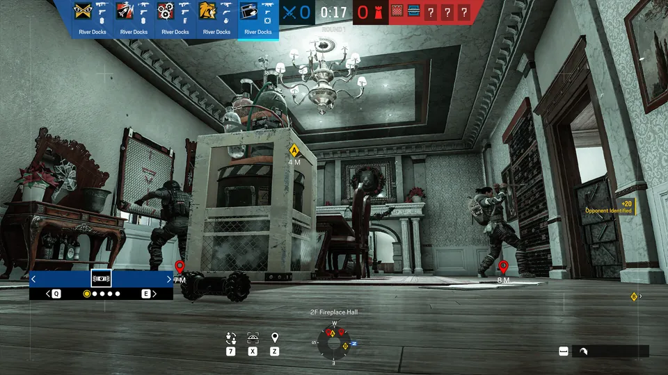 Defenders hold a fireplace hall with a deployable shield in a Rainbow Six Siege round