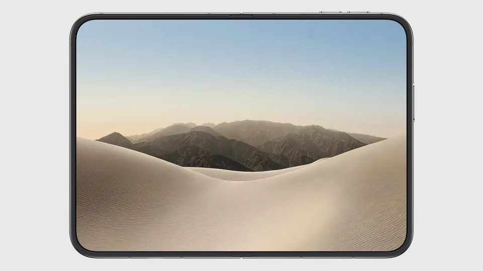 An open iPhone Duo in landscape showing a desert landscape across its 7.6-inch inner screen
