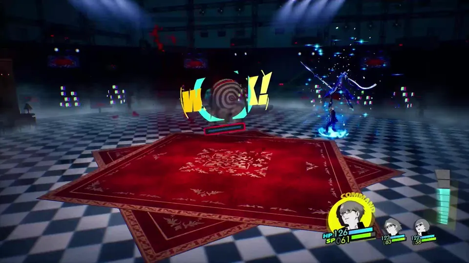 A Persona strikes an enemy in a checkered hall with a red rug during a Persona 4 Revival battle