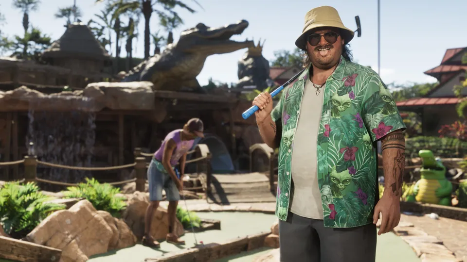 A man in a bucket hat and floral shirt holds a putter at an alligator-themed mini golf course in GTA 6