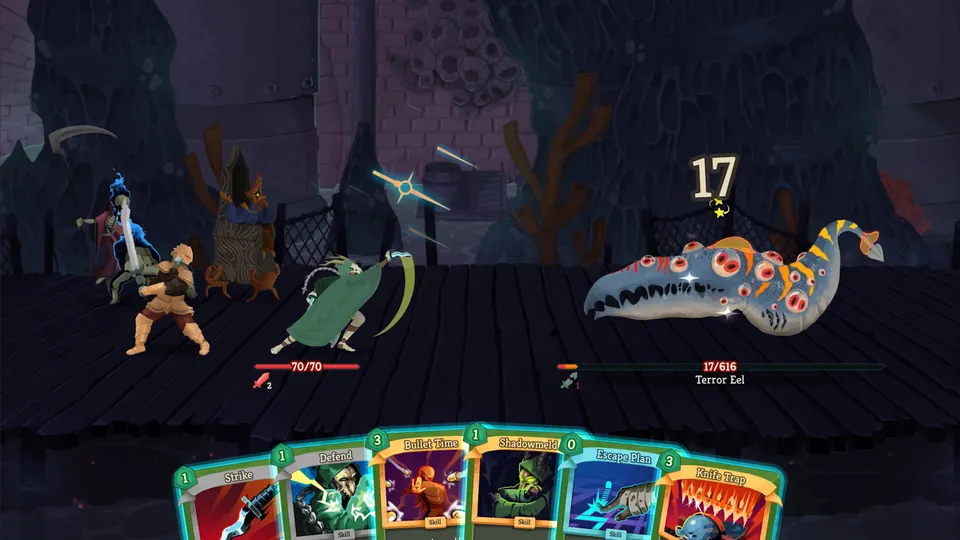 A party of adventurers faces a giant spotted eel on a ship deck as a hand of cards waits below in Slay the Spire 2