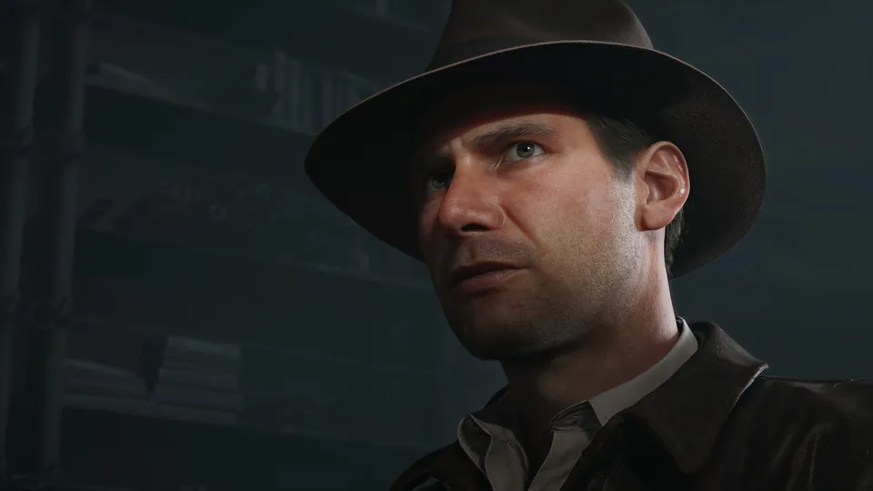 Close-up of Indiana Jones in a fedora and leather jacket