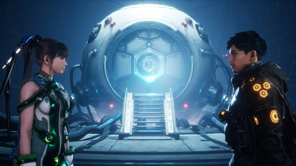 EVE in a green and white bodysuit faces Adam in a dark jacket with glowing orange patches in front of a large spherical pod