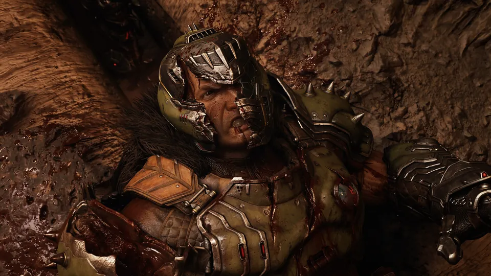 The Doom Slayer, helmet cracked and armor bloodied, lies on rocky ground in Doom: The Dark Ages Revelations