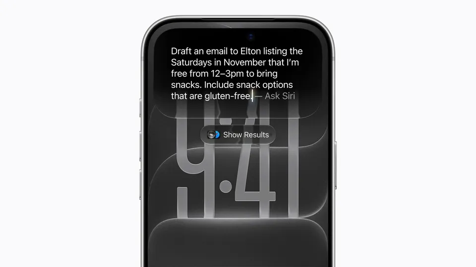 An iPhone Lock Screen with a typed request asking Siri to draft an email and a Show Results button