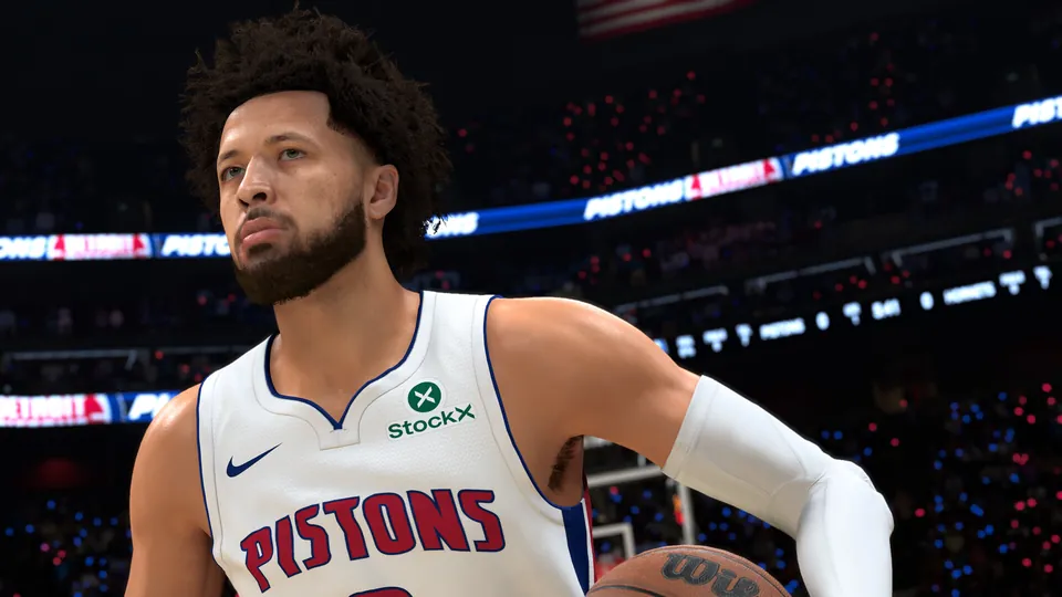 A Detroit Pistons guard holds the ball in NBA 2K27
