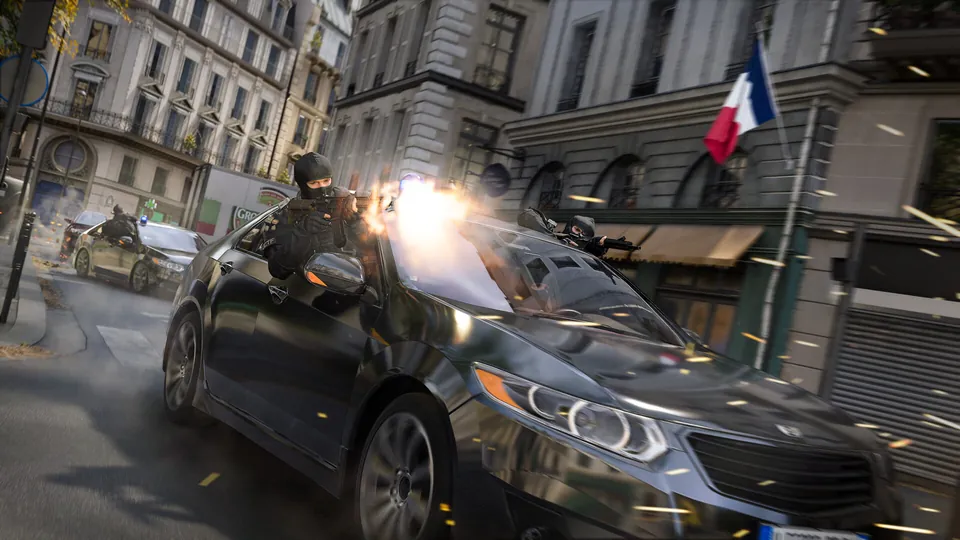 Masked gunmen fire from a black car speeding down a Paris street in Call of Duty: Modern Warfare 4