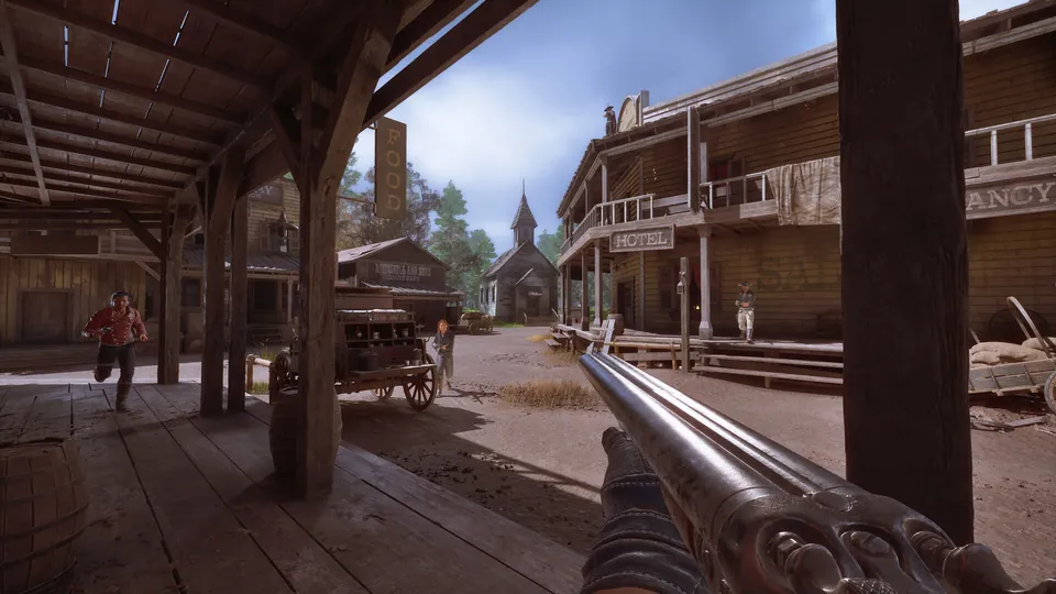 A first-person view down a wooden boardwalk in a Gold Rush town with a shotgun