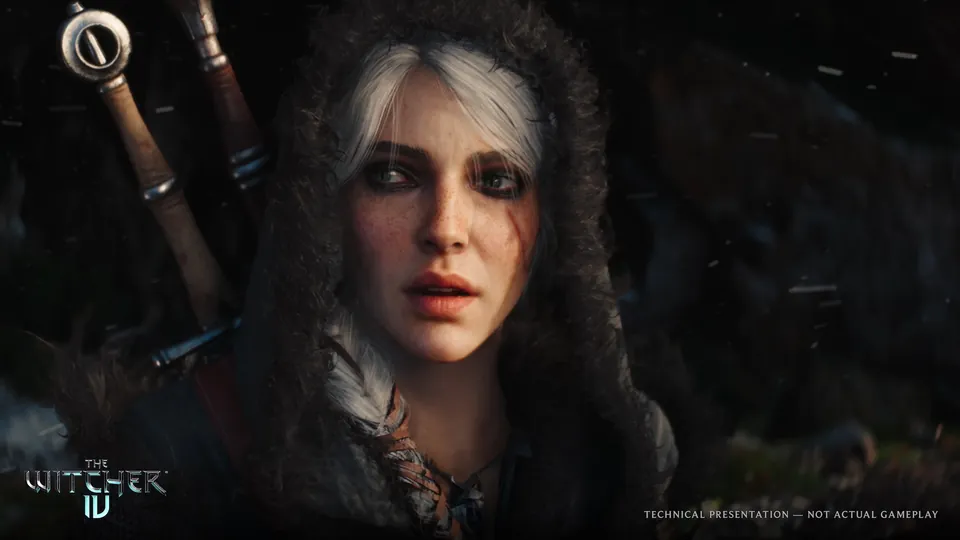 Close-up of Ciri with white hair under a fur hood and two swords on her back in The Witcher 4 tech demo