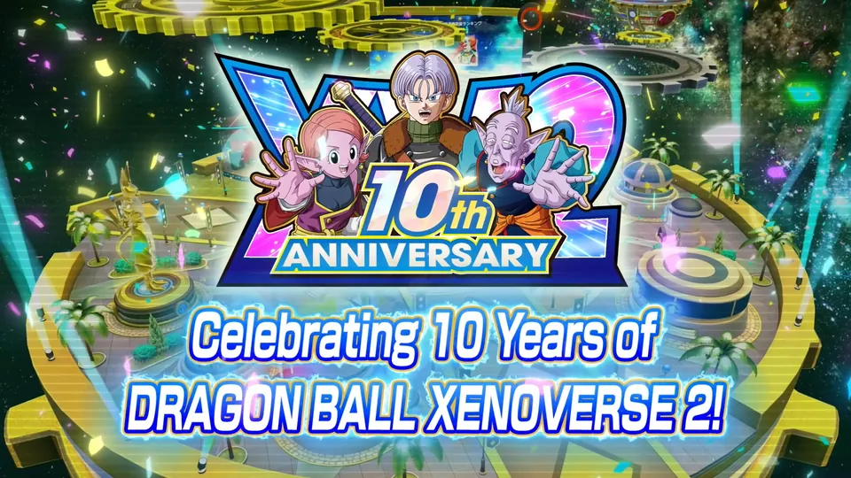 Supreme Kai of Time, Trunks and an elderly Kai stand above the Dragon Ball Xenoverse 2 10th anniversary logo over a festive plaza with confetti