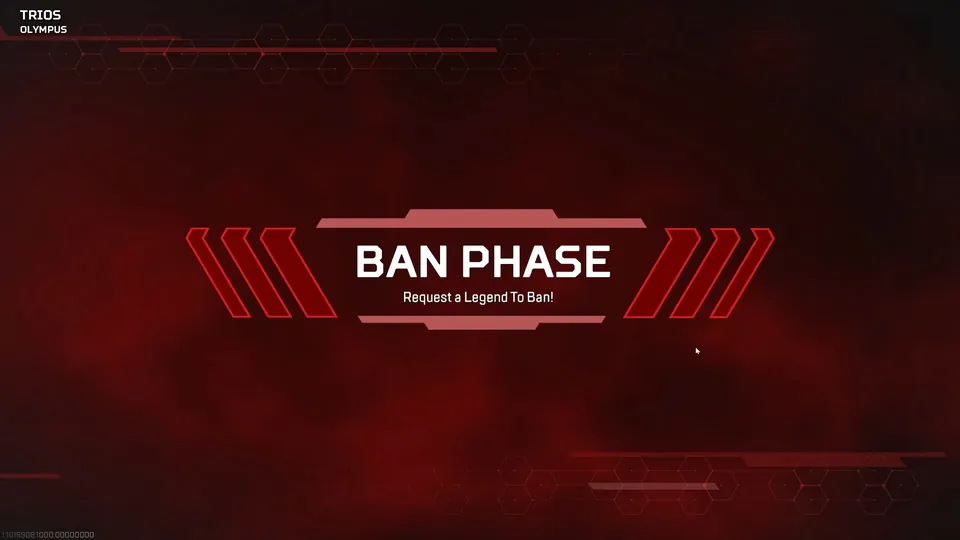 Apex Legends Ban Phase screen asking players to request a Legend to ban before a Trios match on Olympus