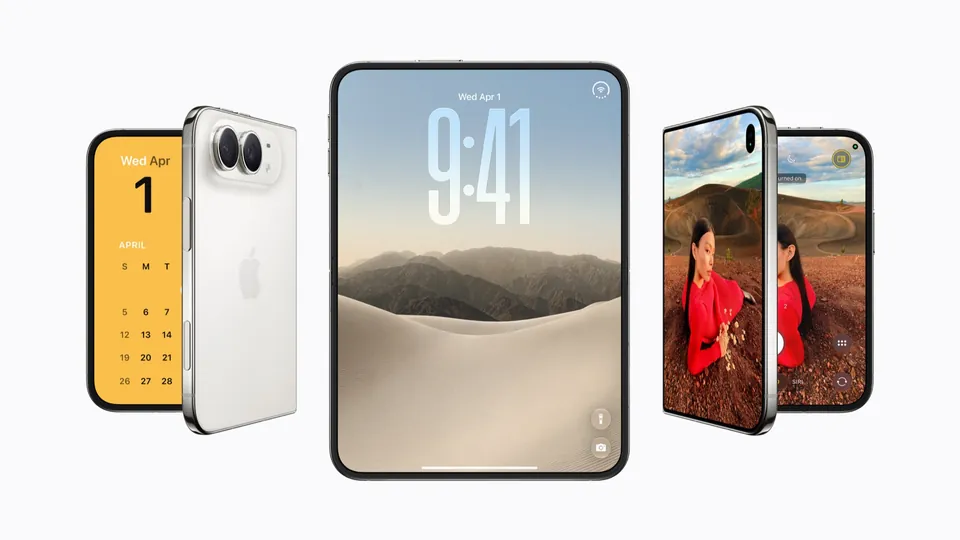 Three iPhone Duo phones, one folded showing the back cameras, one open with a 9:41 lock screen and one showing a photo