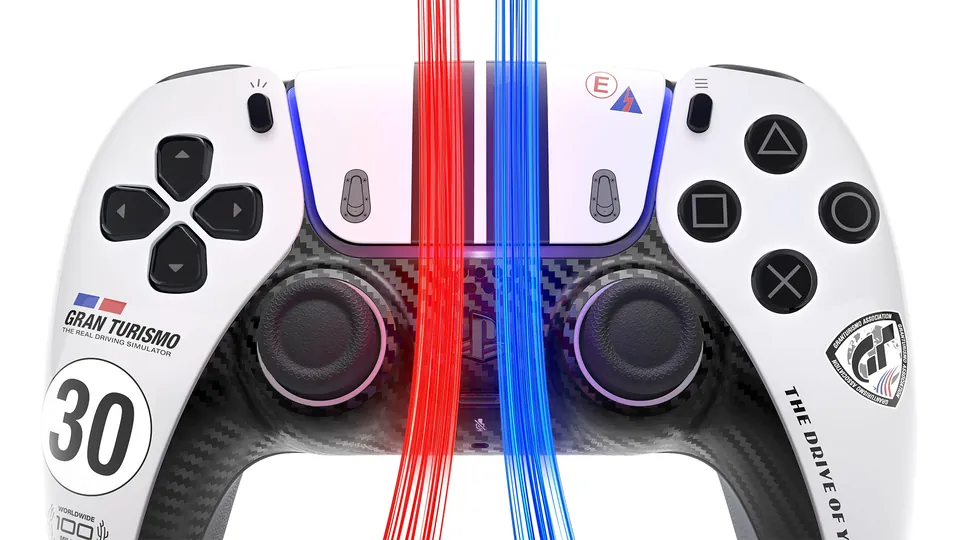 Close-up of the white Gran Turismo Limited Edition DualSense with a 30 race number, carbon fiber-style plate and red and blue light trails