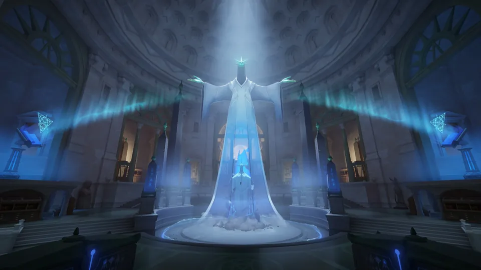 A glowing white statue stands under a beam of light in a vast blue hall in Deadlock