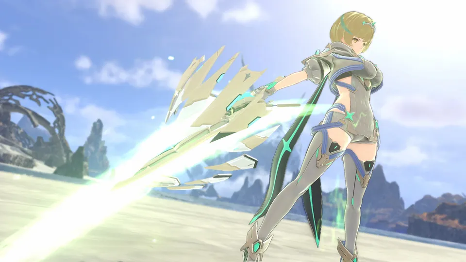 A blond fighter in white and green armor swings a long glowing blade across a sunlit plain in Xenoblade Chronicles 3 Nintendo Switch 2 Edition