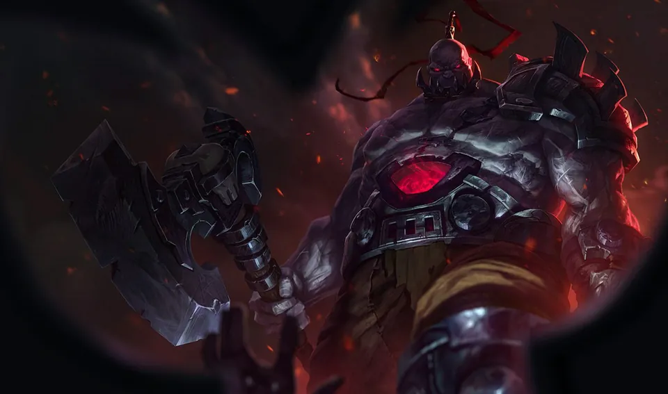 Sion, a hulking undead juggernaut with a glowing red chest, holds a huge axe in a dark, ember-filled scene