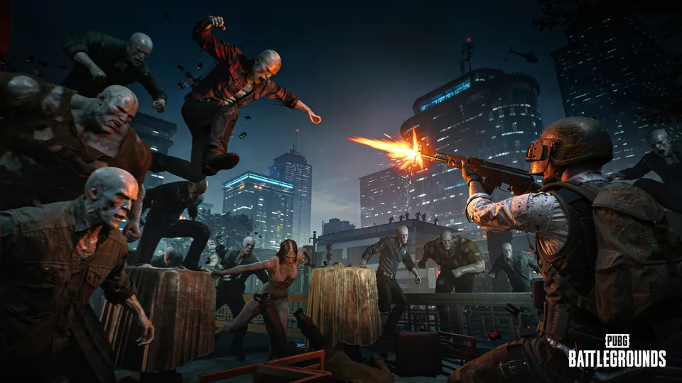 PUBG: Battlegrounds player firing a rifle at a horde of Hungers leaping across a rooftop above a night city skyline