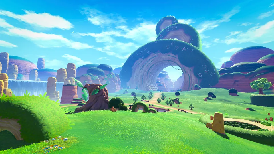 Green hills and stone arches in Kirby and the World Beyond