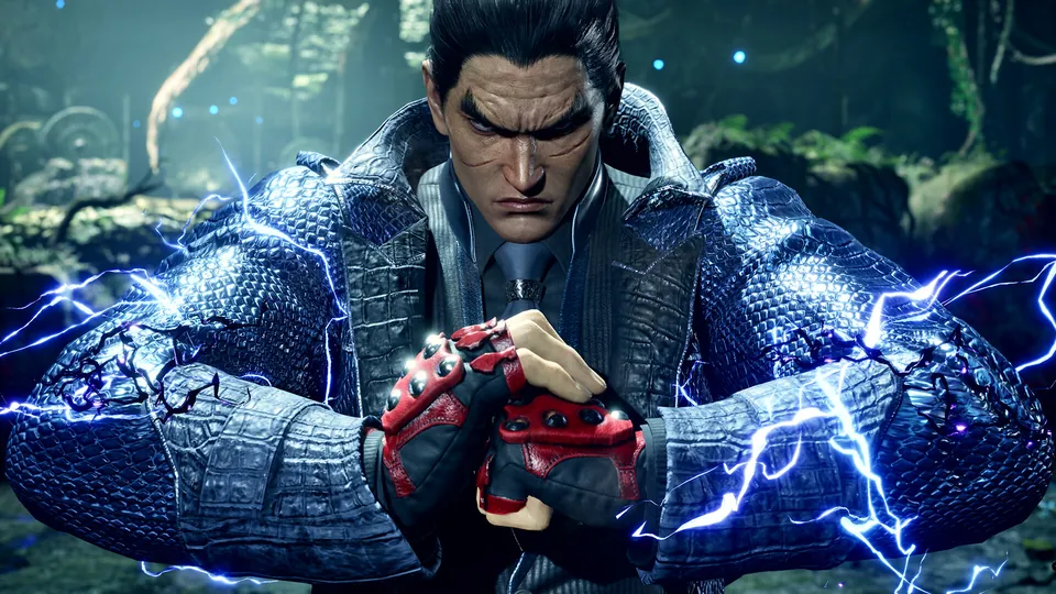 A fighter in a dark scaled jacket adjusts a red fingerless glove as blue lightning crackles around in Tekken 8