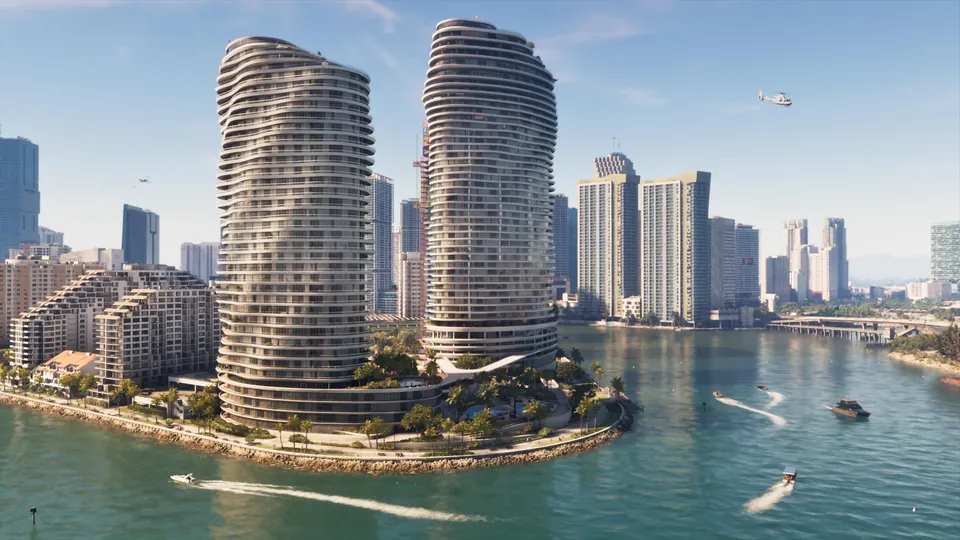 Two curved towers on the Vice City waterfront with boats crossing the bay