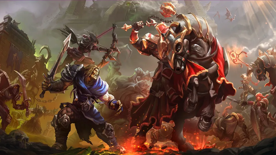 An undead warrior in blue armor fights a mounted knight in red and gold armor on a smoky battlefield in Forsaken Kingdom