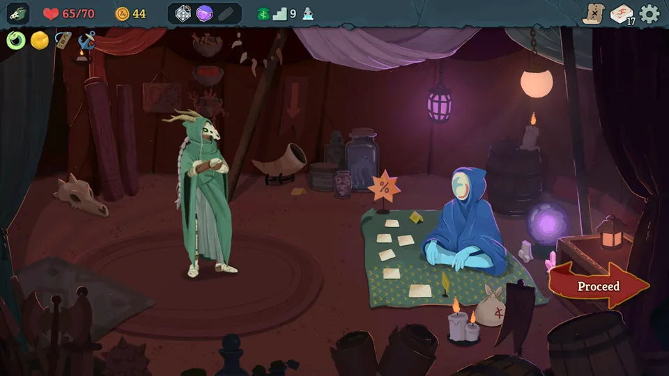A horned hero in a green robe standing in a lantern-lit tent across from a hooded merchant with cards for sale on a rug