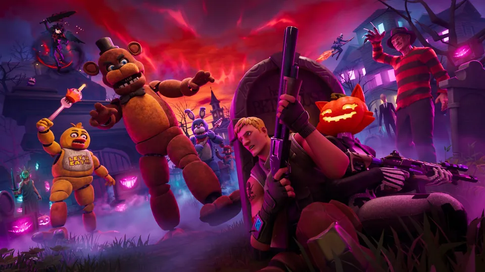 Freddy Fazbear and other Five Nights at Freddy's animatronics, Jonesy with a shotgun and Freddy Krueger in a haunted town in Fortnite's Fortnitemares art