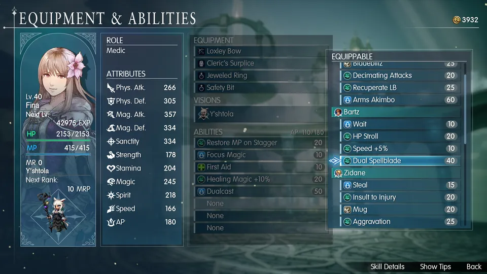 The equipment and abilities menu shows Fina's stats, gear and Y'shtola equipped as a Vision