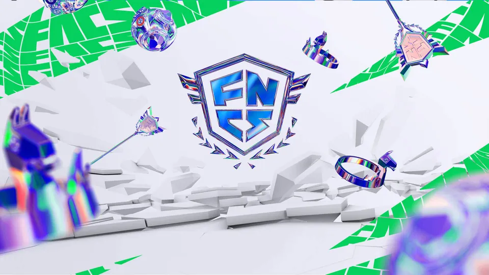 The FNCS crest with floating Fortnite trophies and items