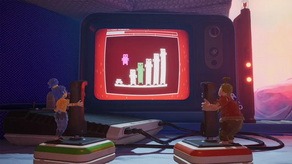Cody and May stand on two giant arcade joysticks in front of an old TV showing a retro game in It Takes Two on Nintendo Switch 2