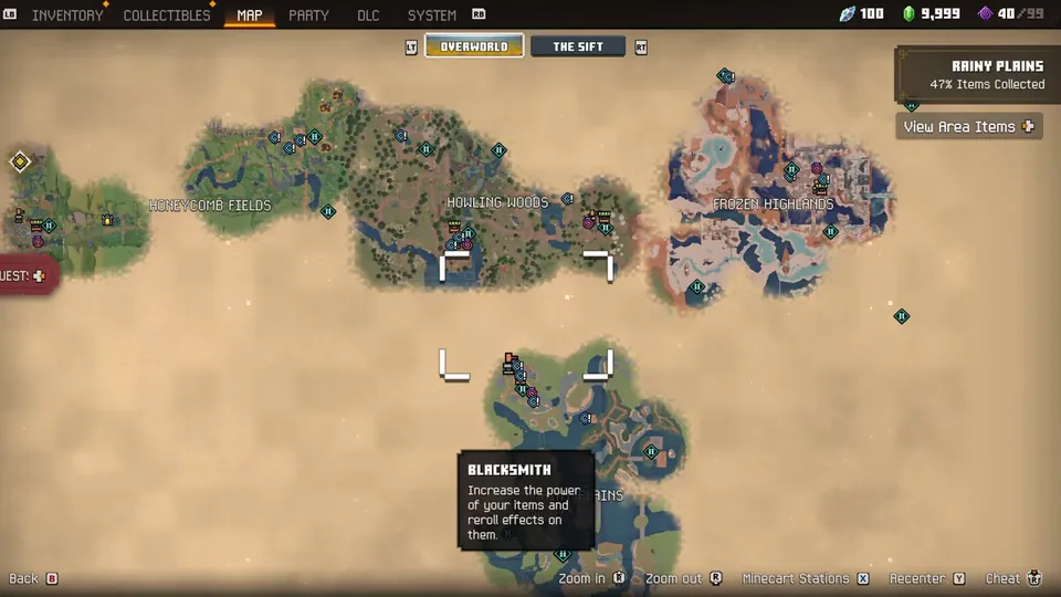 The world map of Minecraft Dungeons II shows Overworld regions, with tabs for the Overworld and the Sift at the top