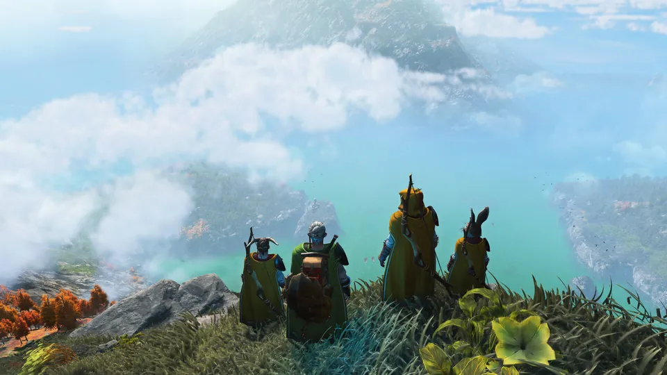 A group of players stands on a grassy cliff above a misty turquoise sea in Light No Fire