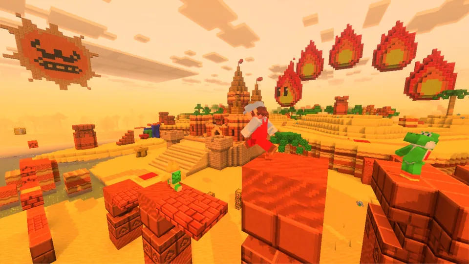 A desert castle world with fire flowers and an angry sun in Minecraft's Super Mario Mash-Up Pack