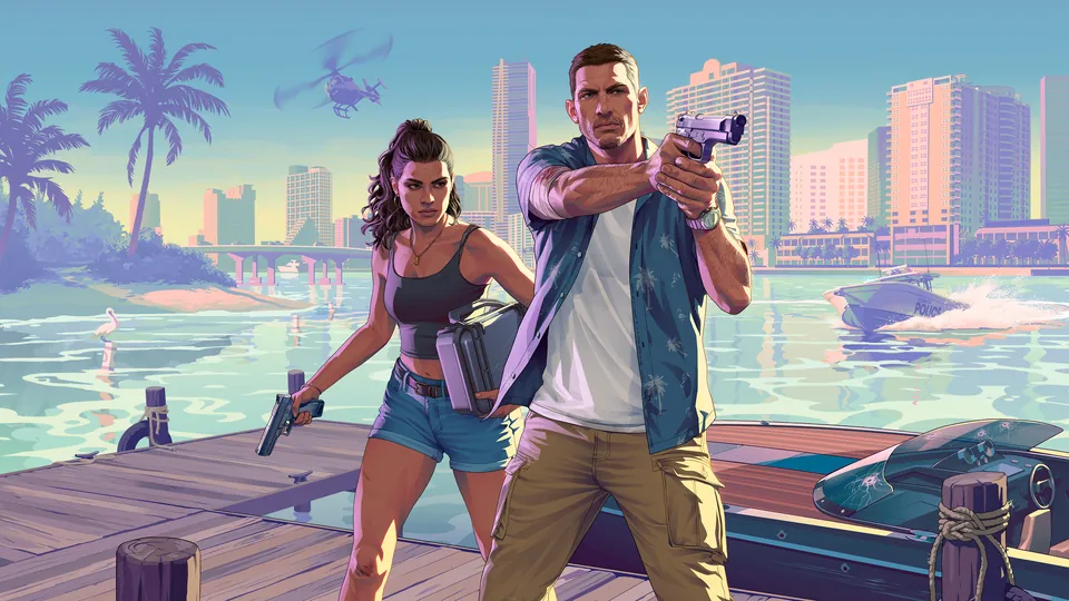 Lucia and Jason point pistols on a dock in front of Vice City — Trailer 2 poster