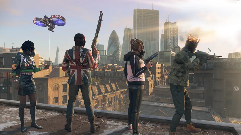 Four armed DedSec recruits stand on a London rooftop under a drone in Watch Dogs: Legion