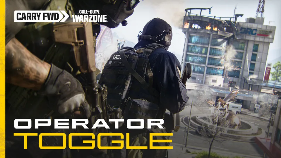 An operator looks over a damaged city square in Activision's art for the Warzone Operator Skin toggle in Modern Warfare 4