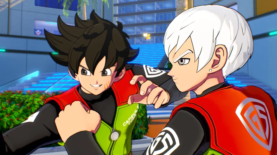 Two young fighters in red Great Saiya Squad jackets bump fists