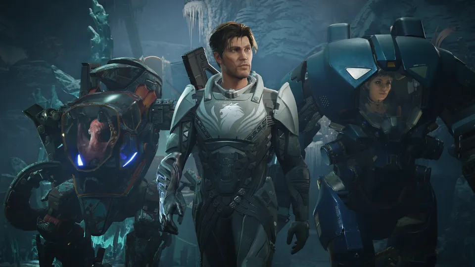 Jun Aslan walks through an icy cave between Salt, an octopus piloting a combat mech, and a crew member in a blue mech