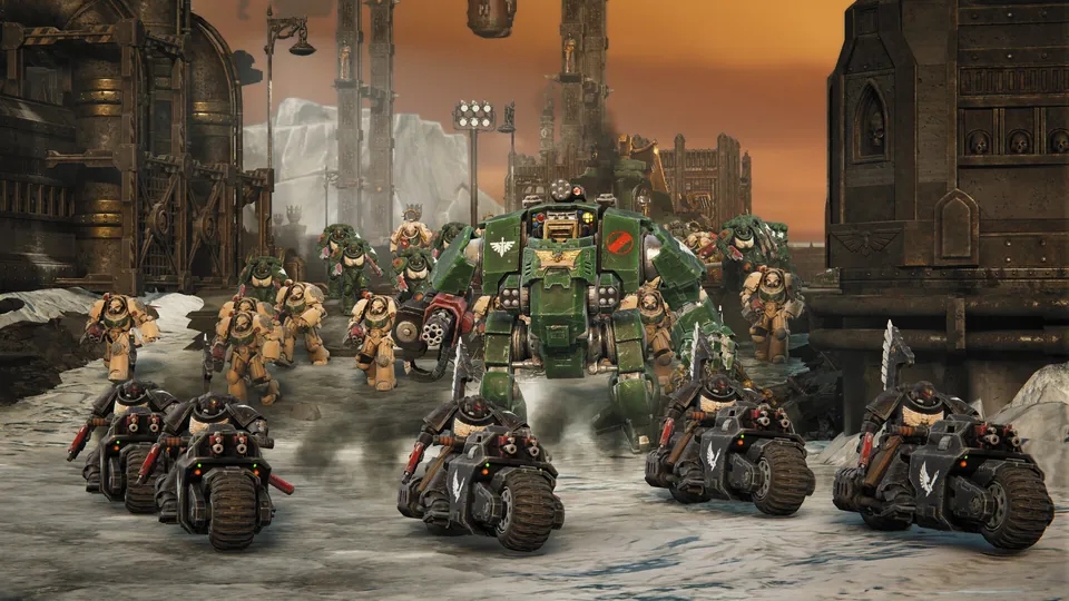 A green Dark Angels walker leads Space Marines and black bikes through a snowy industrial base in Dawn of War IV