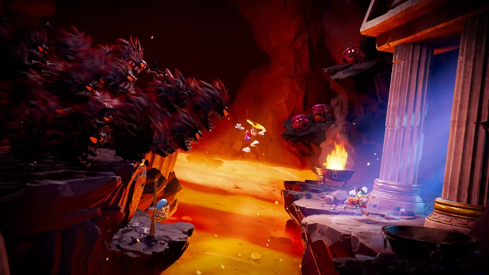 Rayman leaps over a lava river toward stone columns and a burning brazier while shadowy beasts lunge from the dark in Rayman Legends Retold