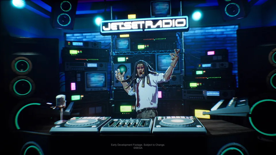 A DJ with dreadlocks raises both arms in a neon-lit booth under a Jet Set Radio sign in early footage of the new game