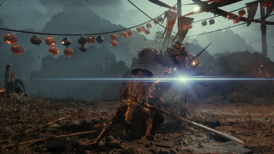 Sparks fly as Soul clashes blades with an armored enemy under red lanterns in Phantom Blade Zero