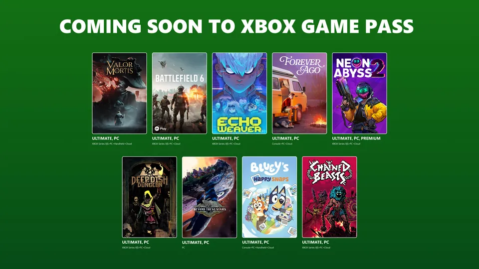 Xbox's Coming soon to Xbox Game Pass banner for October 2026, with Battlefield 6, Valor Mortis and Bluey's Happy Snaps