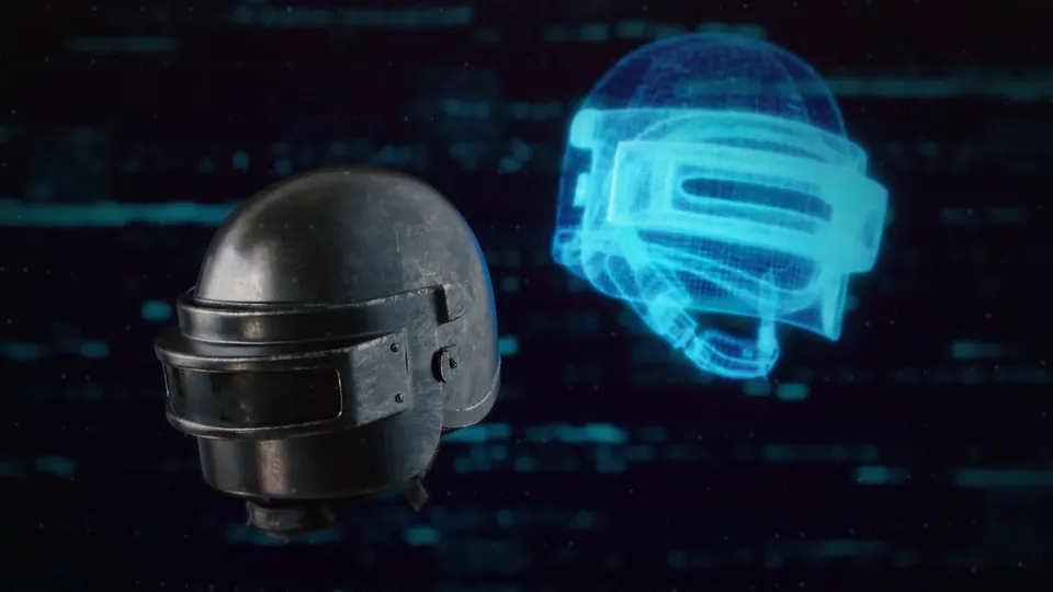 A PUBG level 3 helmet next to a glowing blue wireframe copy of it