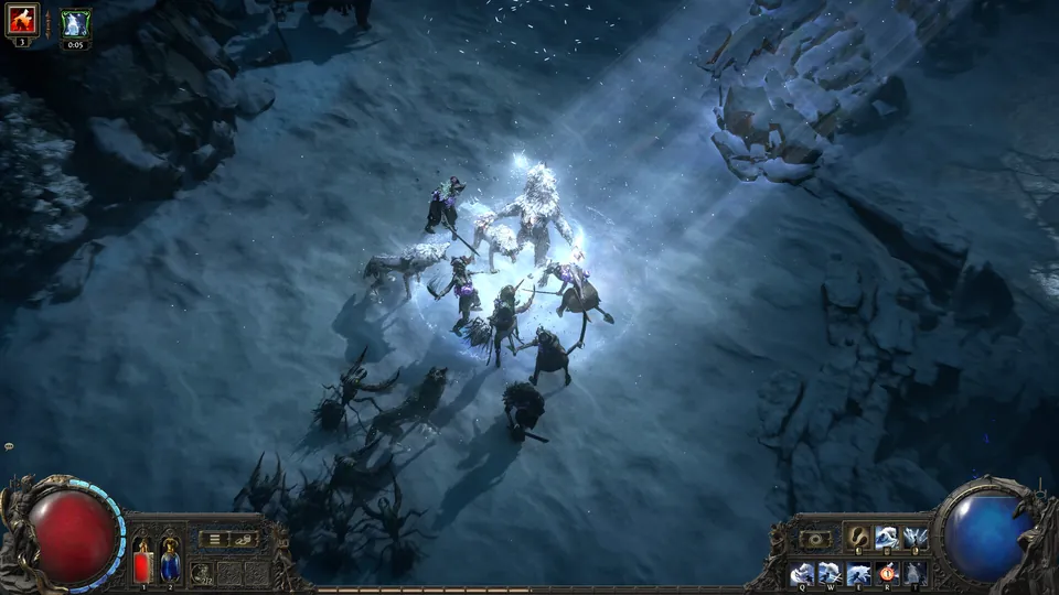 A character battles a pack of monsters in a beam of pale light on frozen ground in Path of Exile 2