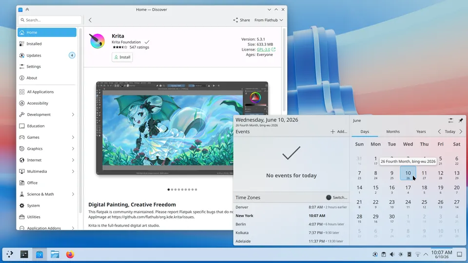 KDE Plasma 6.7 desktop with the Discover app store, a calendar with time zones and the taskbar